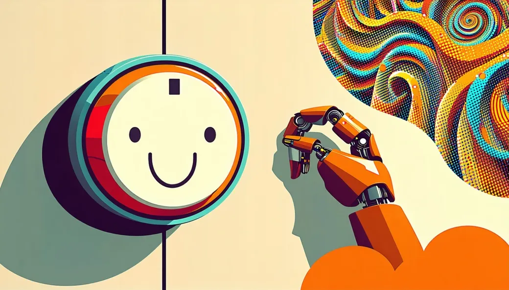 A robot hand turning a large dial on a machine, calm straight lines on the low side and wild colorful swirls on the high side