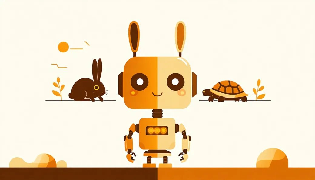 A friendly robot split down the middle between two shades, with a hare on one side and a tortoise on the other