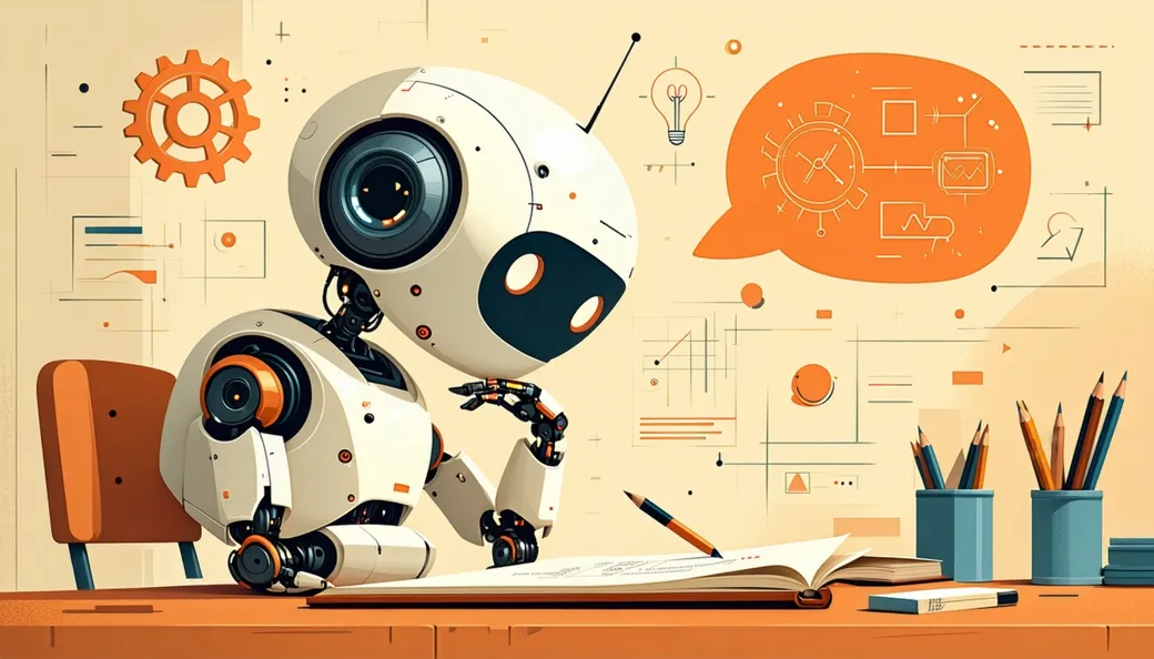 A small robot pausing at a desk, filling a scratchpad with diagrams and arrows, a thought bubble of gears overhead