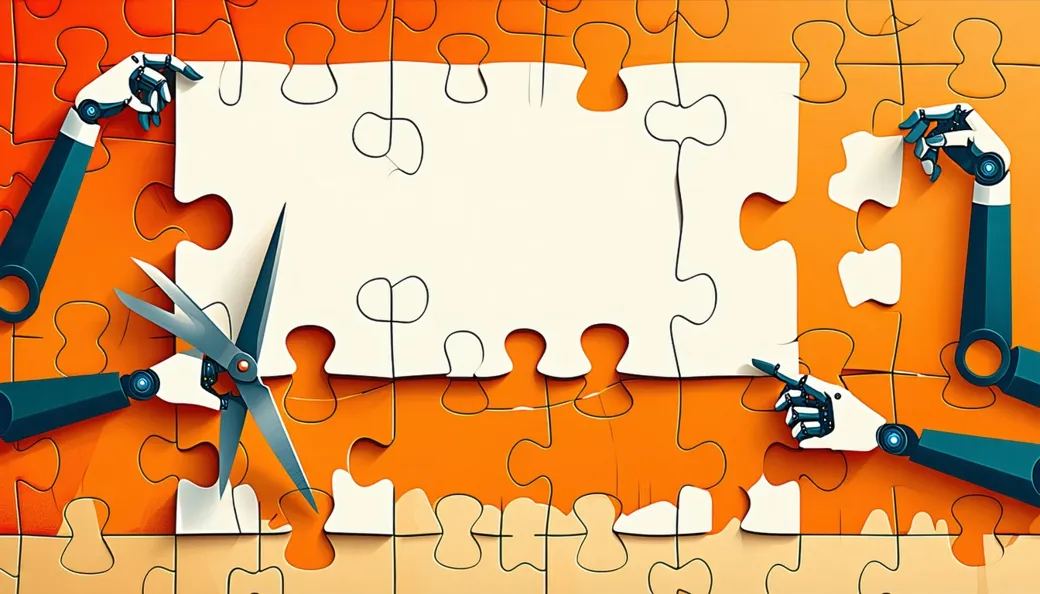 A paper sentence banner being cut into jigsaw puzzle pieces that float apart in order
