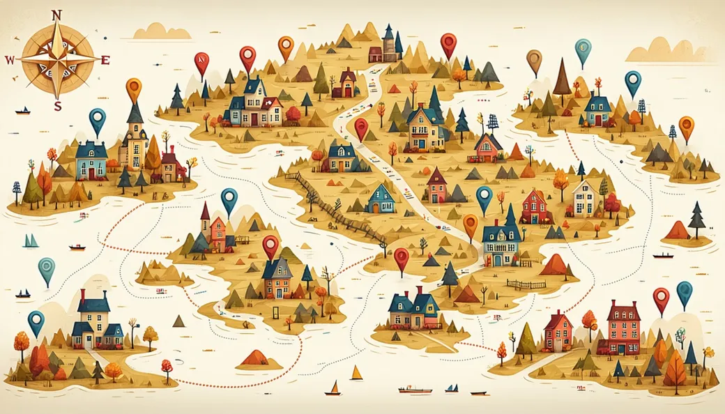 An illustrated map with colorful pins gathered into neighborhood clusters, roads connecting nearby clusters