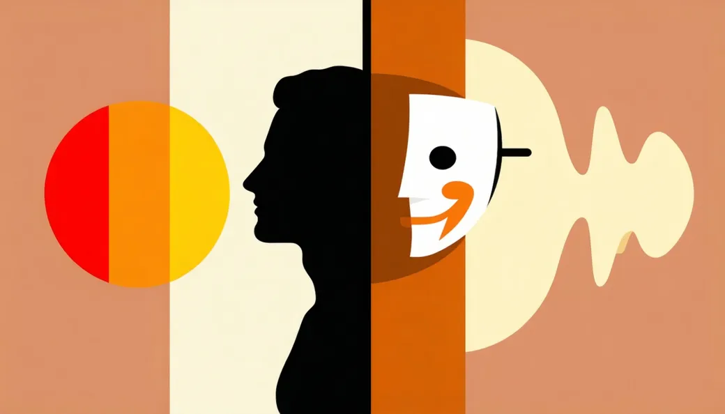 A person's dark silhouette in profile beside a smiling mask, with a voice-shaped wave flowing out behind it