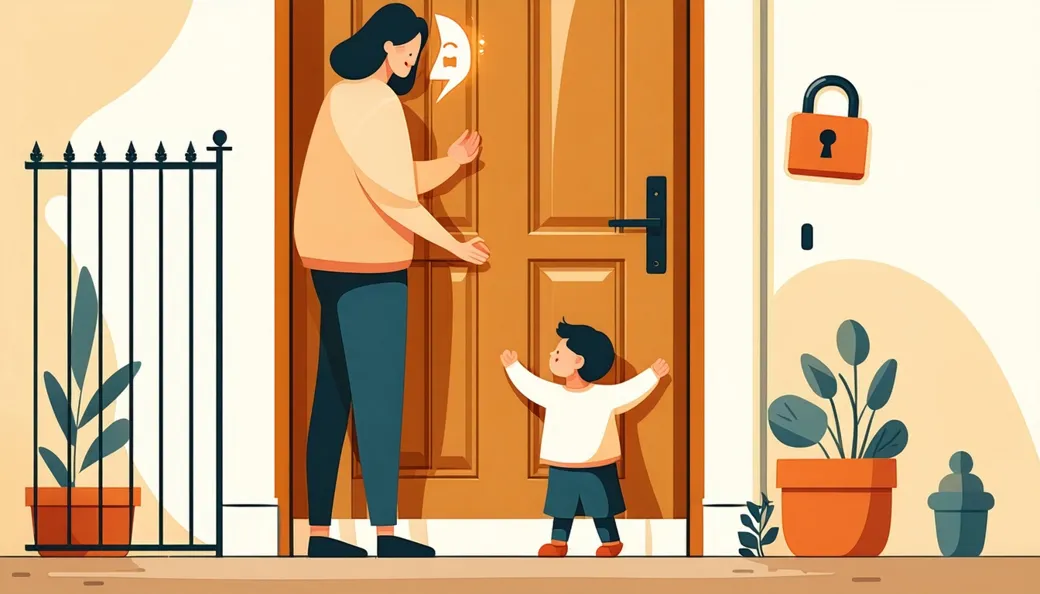 A parent and child talking at their front door beside a garden gate, with a padlock on the wall
