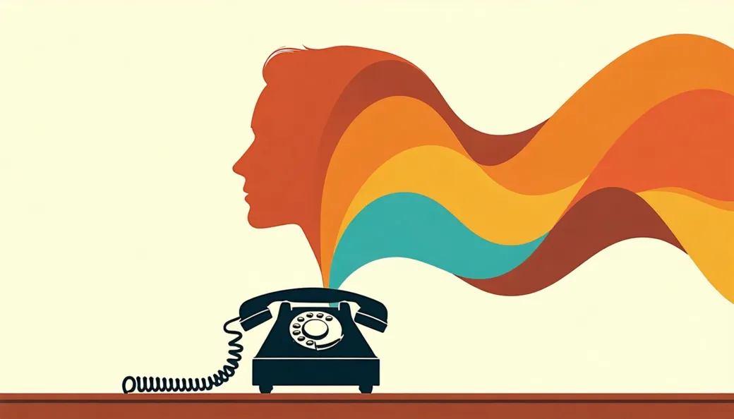 A vintage telephone with colorful sound waves flowing from the handset and forming a face in the air