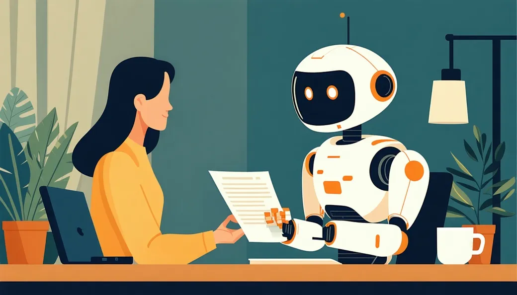 A person and a friendly robot working side by side at one desk, passing a document between them