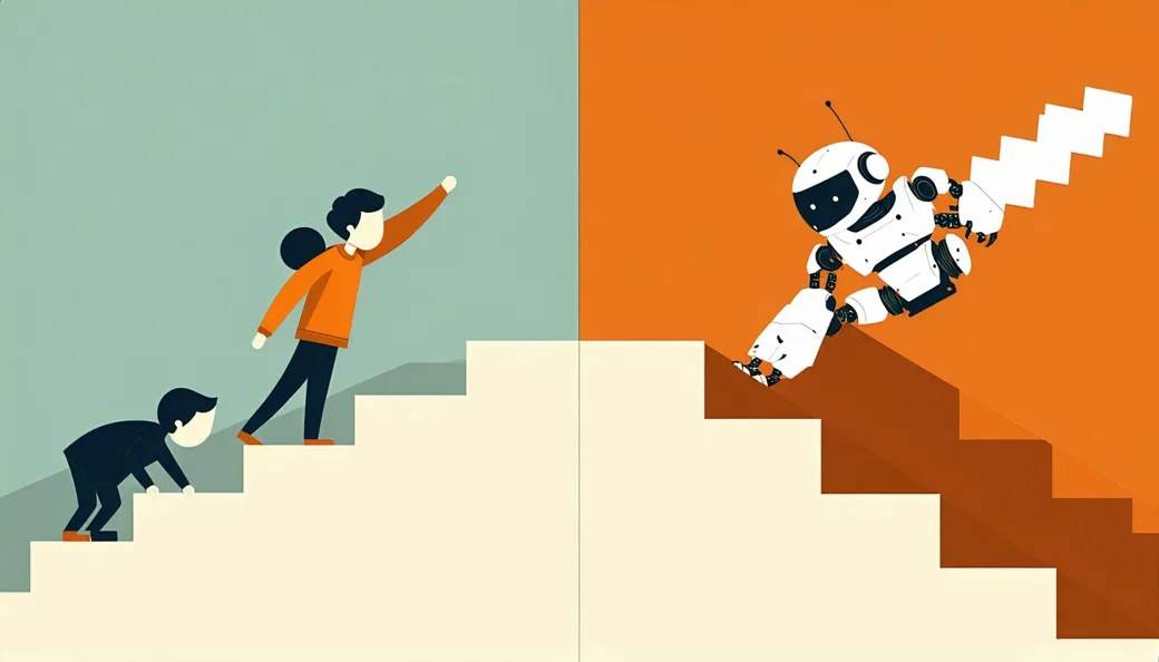 Split scene: students climbing a staircase by their own effort on one side, and a robot hauling the steps itself on the other