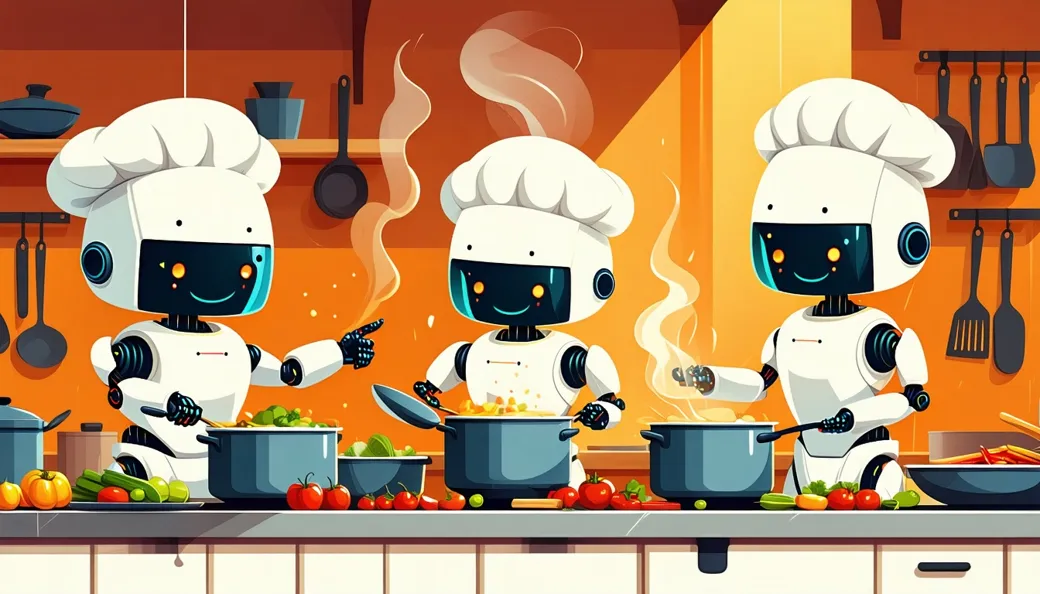 Three cheerful robot cooks in chef hats working side by side at steaming pots in a busy bistro kitchen