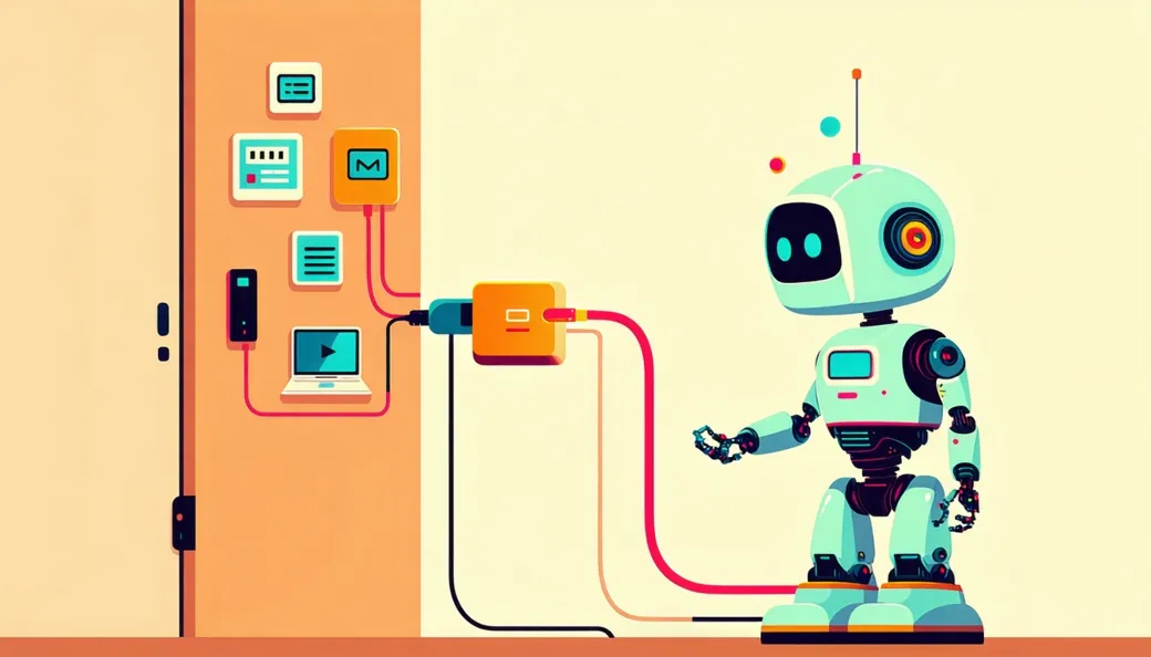 One universal glowing cable connecting a friendly robot to a wall of many different devices and sockets